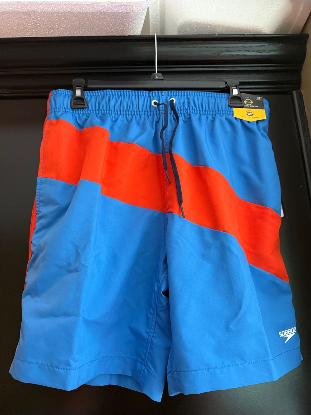 Speedo Men’s Blue Swim Trunks with Red Stripe M